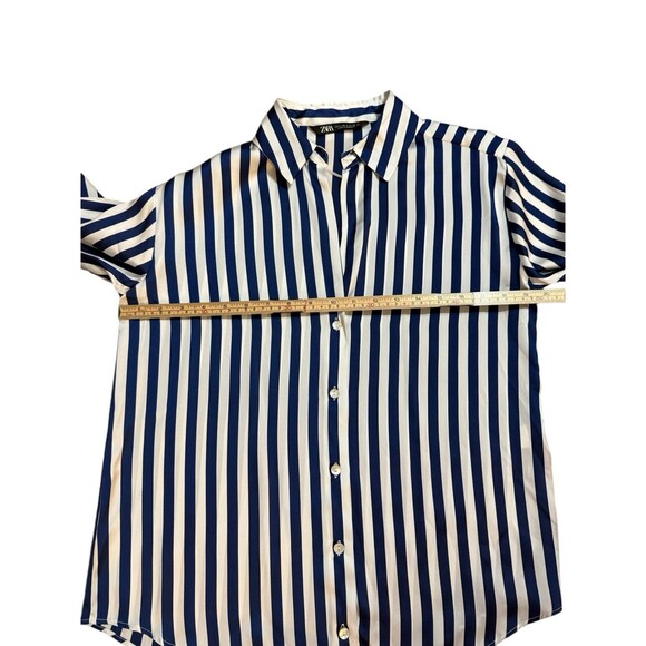 ZARA Blue White Satin Stripe Button Down Blouse | Classic Chic Work Top Sz S - Picture 8 of 8
